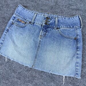 Vintage Y2K LEI Denim Mini Skirt Light‎ Wash Frayed Hem 3 Button Fly Size 7
